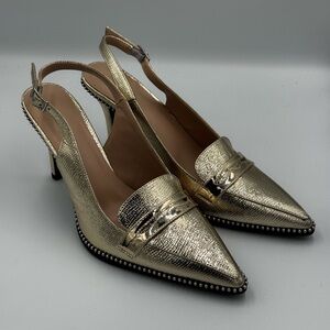 Gold Slingback Pointed Toe Heels – Size 9 | Beaded Trim & Loafer Detail